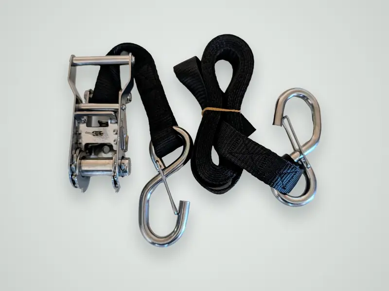 Tie-down strap with stainless ratchet and two hooks